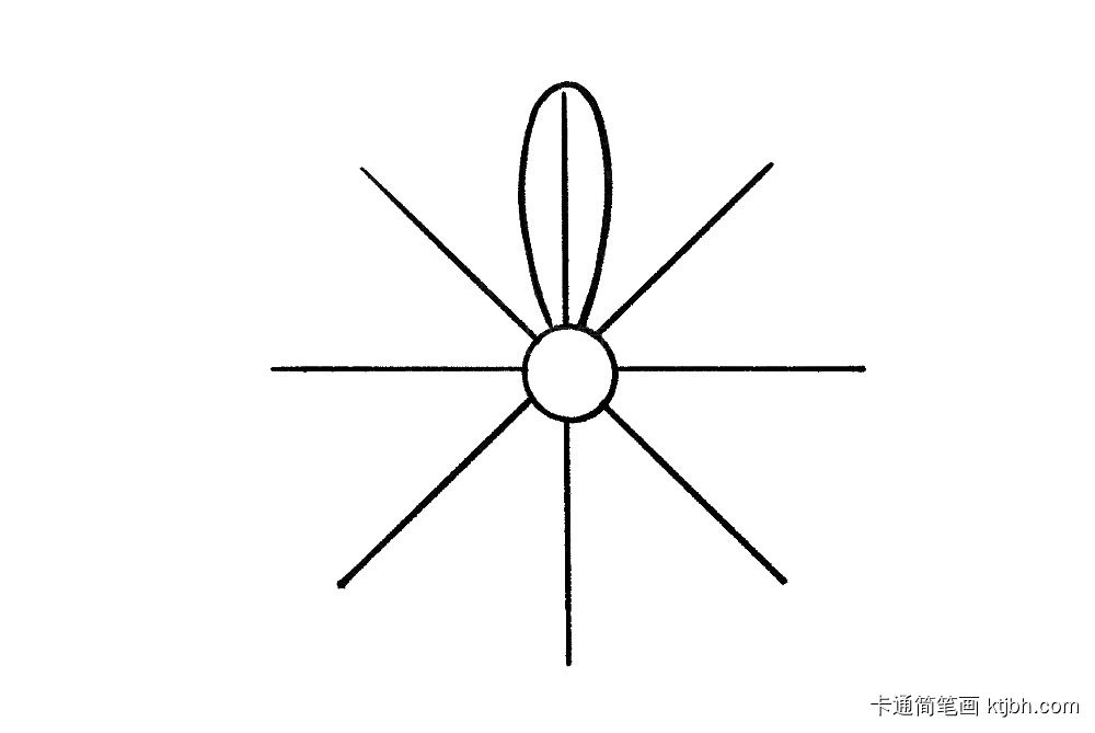 步骤4：然后，我们以这个米字为参照，画出菊花瘦长的花瓣。