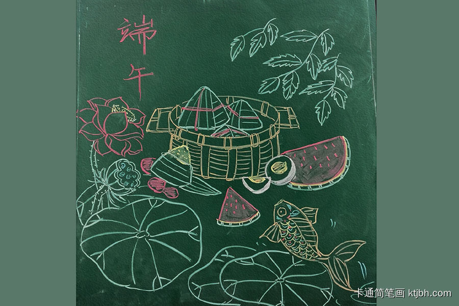 一组“端午节吃食”粉笔画图片 端午节黑板报绘画素材-图1